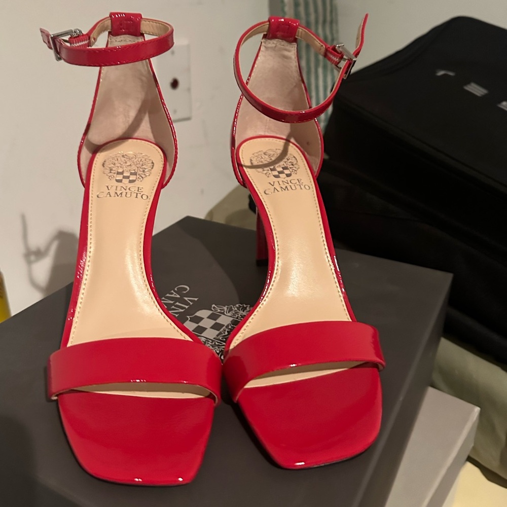 Red patent leather heel with ankle strap